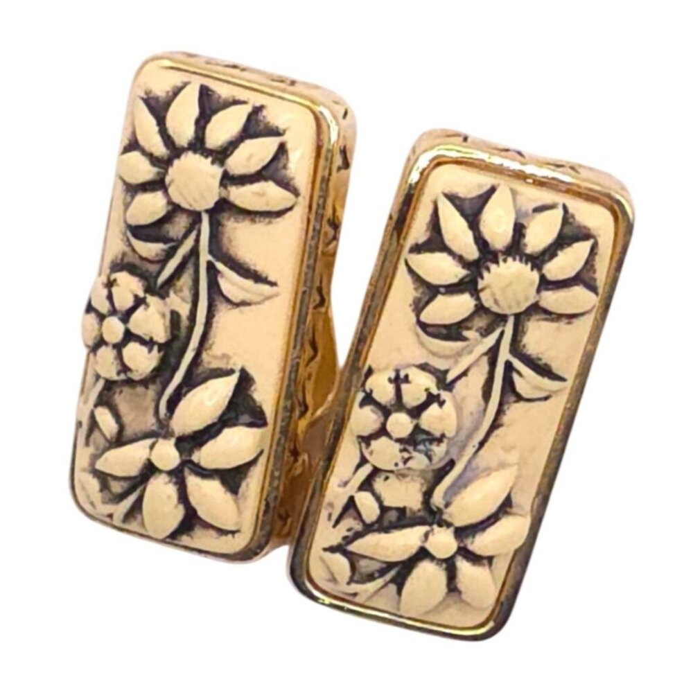 Vintage Gold-Tone Floral Rectangle Clip-On Earrings
